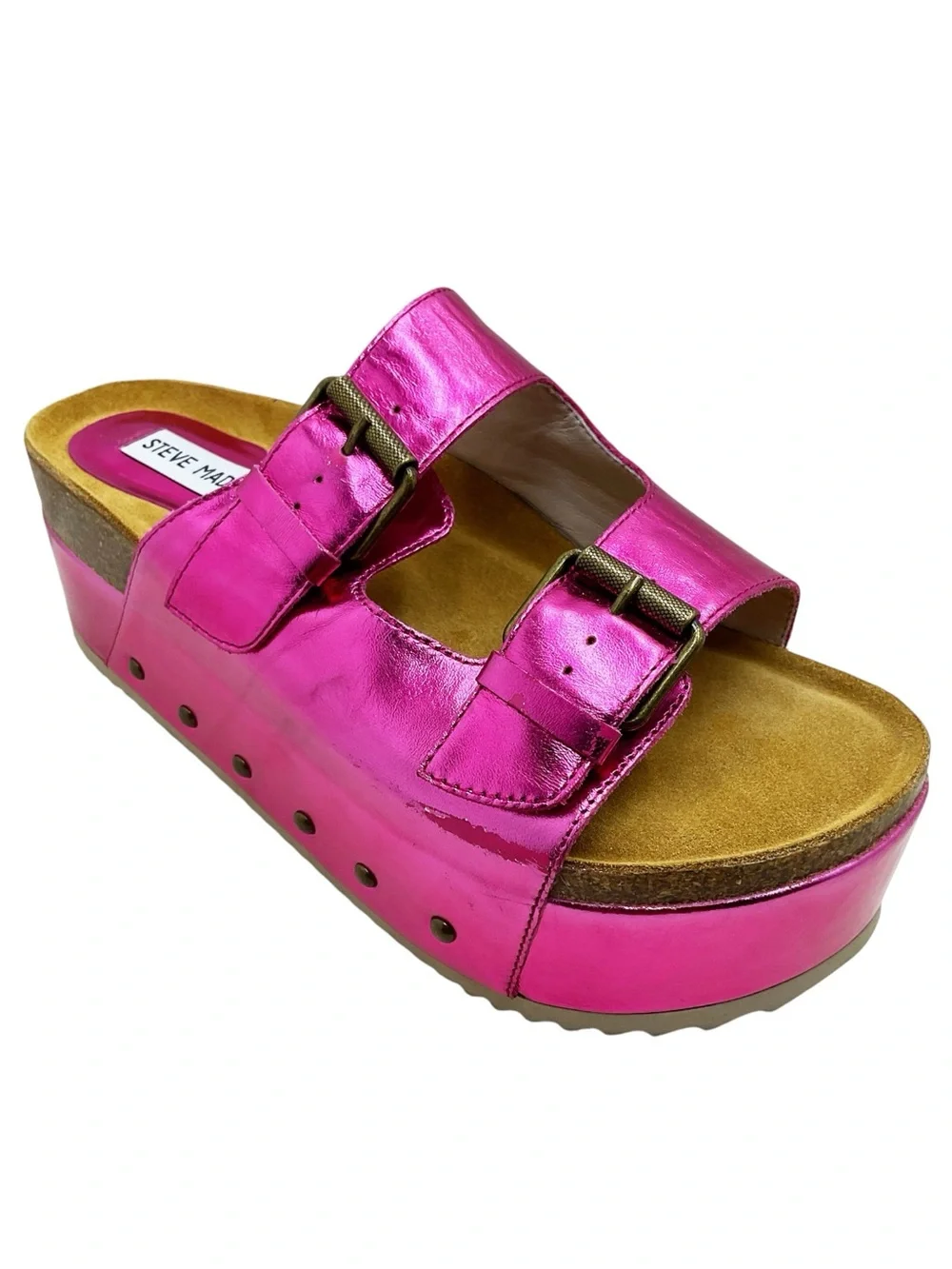 🆕{Steve Madden} Kali-J Distressed Metallic Pink Platform Slide Sandals